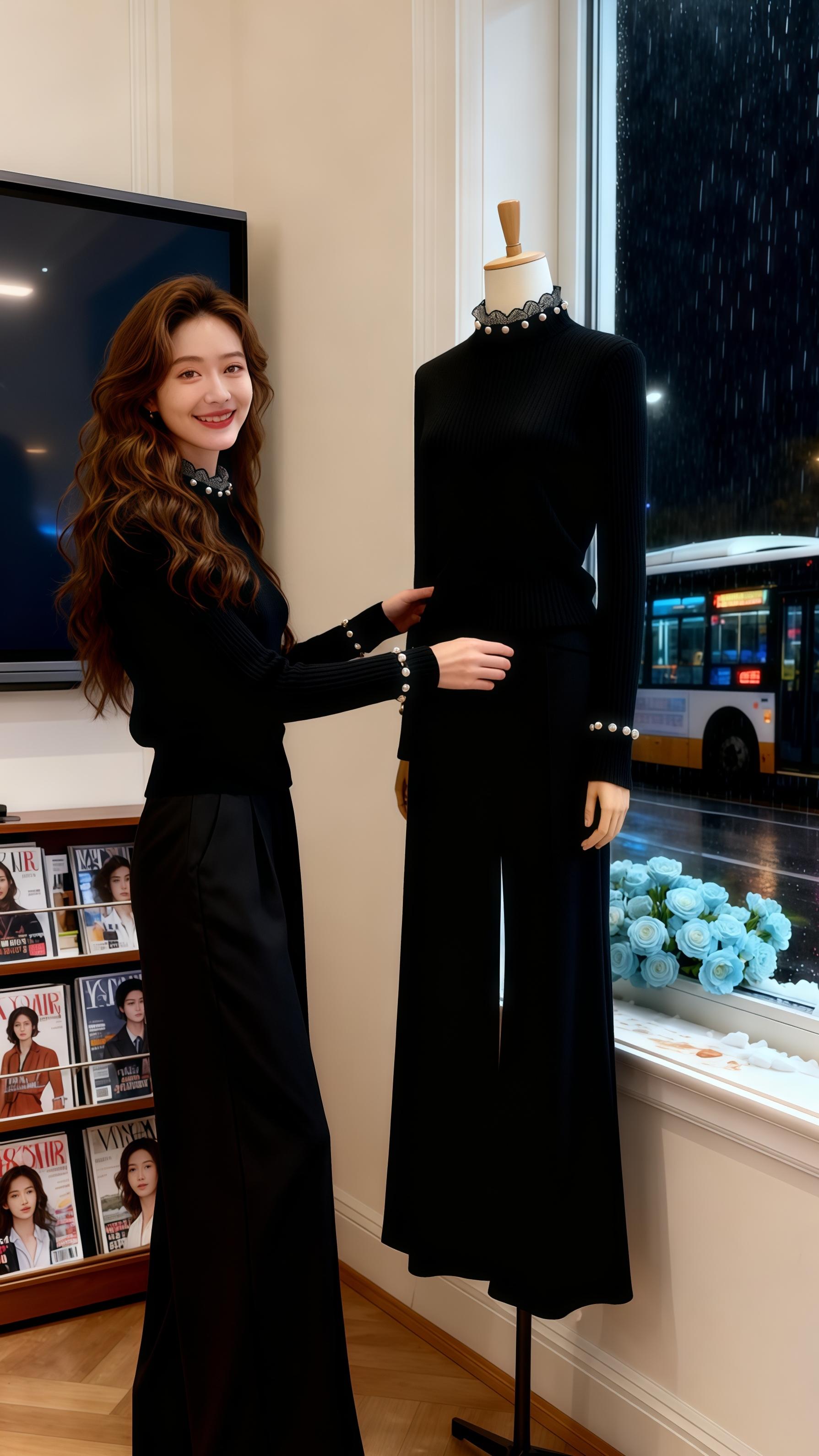 《雨夜的时尚回响》   在这座城市的雨夜,她是时尚的摆渡人。浅色系的工作室里,杂志柜的潮流气息与大屏的同款穿搭交相辉映。窗边的蓝花在雨幕中摇曳,窗外的公交载着城市的喧嚣驶过。   她,有着茶色大波浪卷发的亚洲美女,在不同角度的镜头下,或优雅整理同款人体模特的穿搭,或自信指向窗外的时尚灵感,或回眸间尽展温柔笑意。每一次动作,都是对时尚的精准诠释,在雨夜的背景里,织就成一段关于风格与坚持的时尚故事,让每个看到的人都能感受到,时尚从不被雨天束缚,反而在这样的氛围里愈发动人。#藏肉显瘦穿搭#梨形身材穿搭#小个子显高显瘦穿搭#素颜穿搭如何摆脱土气感#早秋秀场抄作业告别路人