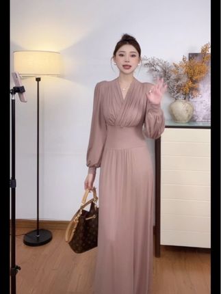 秋季新款时尚名媛气质法式长袖连衣裙V领高腰女秋装收腰显瘦#高级感穿搭 #裙子穿搭 #温柔风穿搭 #漂亮的裙子 #气质仙女裙穿搭
