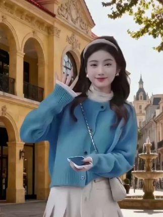 #湖蓝色毛衣时尚春季针织开衫气质韩版秋冬圆领网红洋气女新款#韩版穿搭 #气质优雅#谁穿谁好看#百搭毛衣