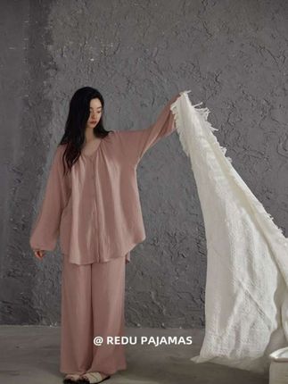 热妒睡衣女春秋纯棉纱布v领带胸垫可外穿开衫纯色家居服套装#家居服睡衣 #春秋穿搭