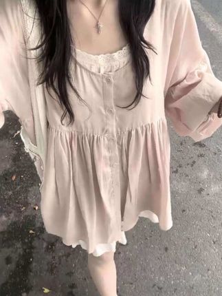 粉色宽松慵懒风甜美防晒长袖设计感连衣裙女高级感长裙#夏季穿搭 #韩系穿搭 #ootd穿搭 #今日穿搭 #甜美穿搭