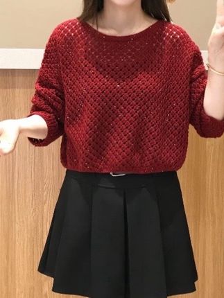 亮丝镂空短款针织衫女2025早秋季新款慵懒风宽松气质减龄圆领毛衣#镂空针织衫#早秋新款#慵懒风
