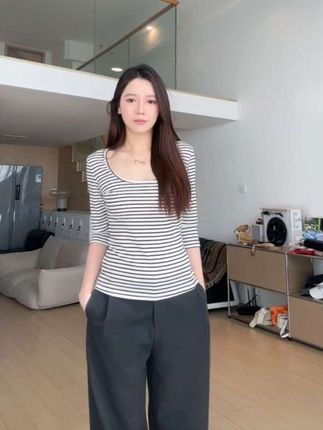 HHYB Hello条纹中袖T恤女2025新款简约修身显瘦七分袖上衣250698