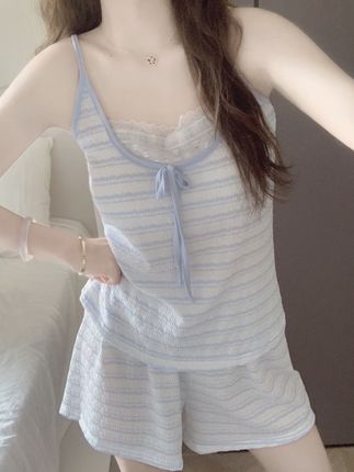 【带胸垫一体】吊带短裤睡衣女夏季2025新款蓝条纹云朵棉家居服套装#好物推荐🔥