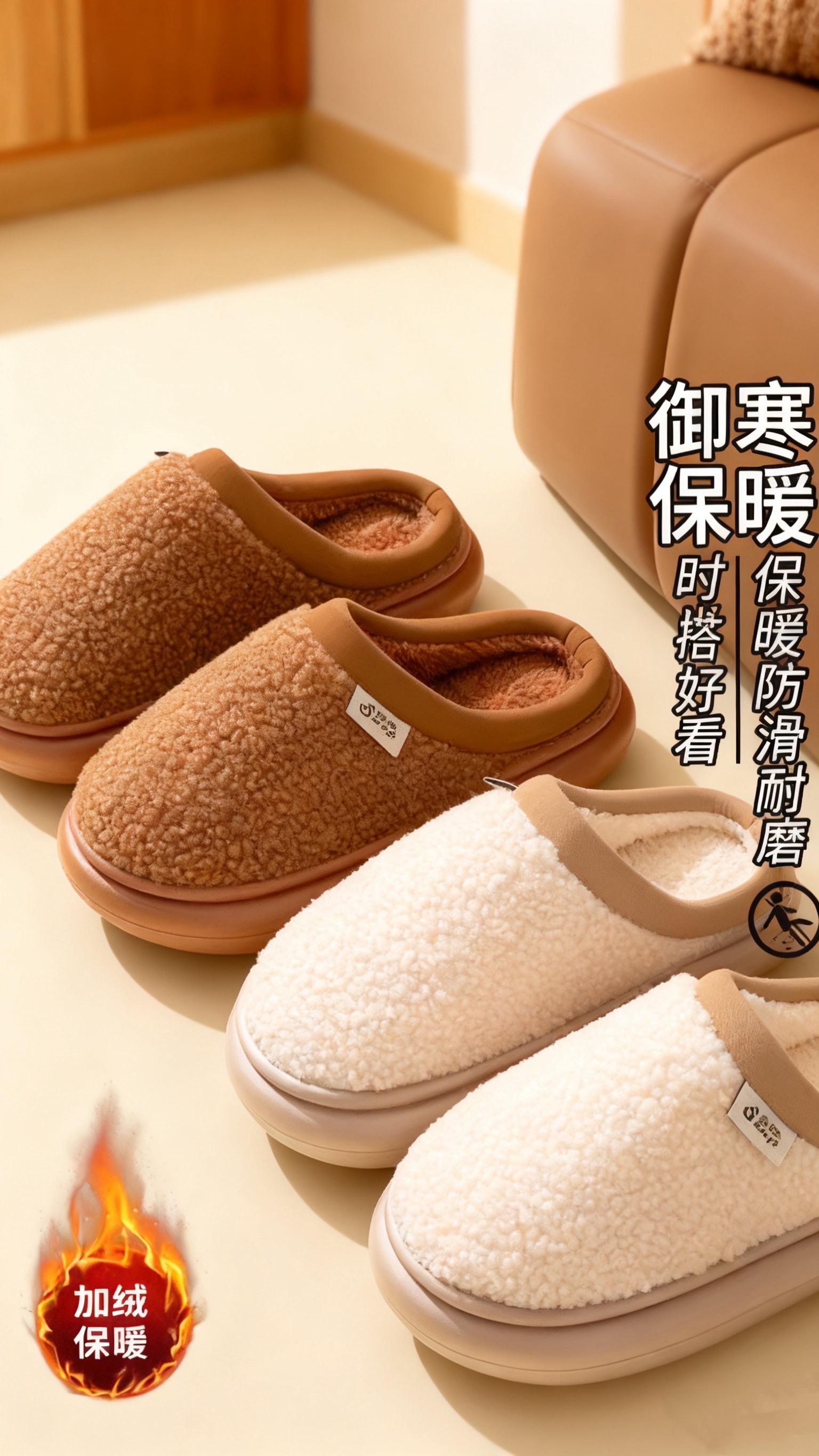 毛绒棉拖鞋秋冬季女2025新款加厚室内家居家用棉拖鞋滑加绒男保暖