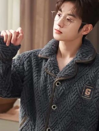 睡衣男秋冬天季加厚法兰绒套装双面珊瑚绒家居服加绒大码保暖开衫面料柔软舒适 家居服套装阳光帅气 春秋穿搭 高端大气