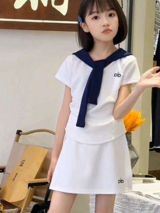 女童夏季运动风披肩短袖T恤短裙休闲两件套#时尚百搭 #女宝穿搭 #谁穿谁好看系列