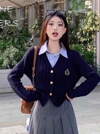 学院风假两件拼接麻花针织毛衣开衫女秋季设计感甜辣短款外套上衣#高级感穿搭 #学院风穿搭 #外套穿搭 #风衣穿搭 #收腰显瘦