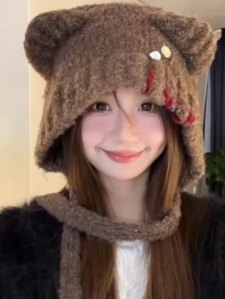 韩版甜美可爱小熊帽子秋冬保暖显脸小护耳帽纽扣系带毛线帽#帽子 #可爱帽子 #也太可爱了吧 #帽子控小姐姐 #保暖穿搭