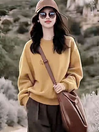 气质百搭两件套女 春秋新款减龄黄色套头卫衣休闲阔腿裤套装潮#高级感穿搭 #减龄气质 ##高级穿搭 #