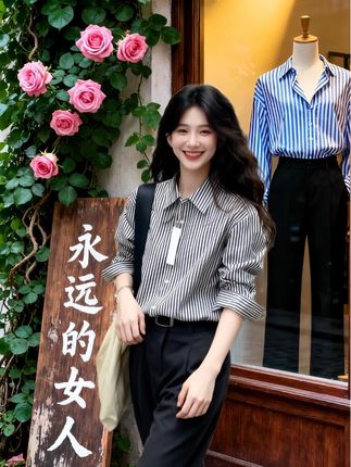 在充满文艺气息的街巷,邂逅这份兼具干练与随性的穿搭!  经典黑白条纹衬衫,版型利落又有质感,随意卷起的袖口尽显慵懒腔调;搭配黑色阔腿裤,高腰设计拉长腿部线条,宽松版型舒适又显瘦,轻松打造出职场、日常都能hold住的时髦感。  当你站在爬满蔷薇的墙前,在“永远的女人”木牌的映衬下,这身穿搭将你的优雅与自信尽数展现。快把这份百搭又高级的风格收入衣橱,让你在每一个场景都能成为焦点~#高级感穿搭 #出游穿搭 #衬衫穿搭 #时尚休闲穿搭 #时尚穿搭时尚穿搭时尚