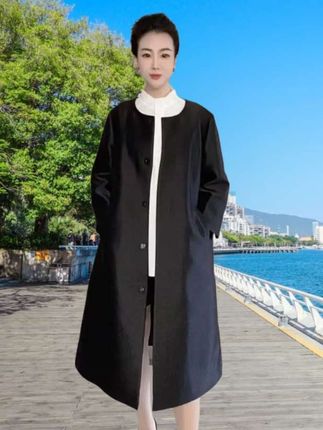 #春秋新款中长款风衣外套#圆领风衣#