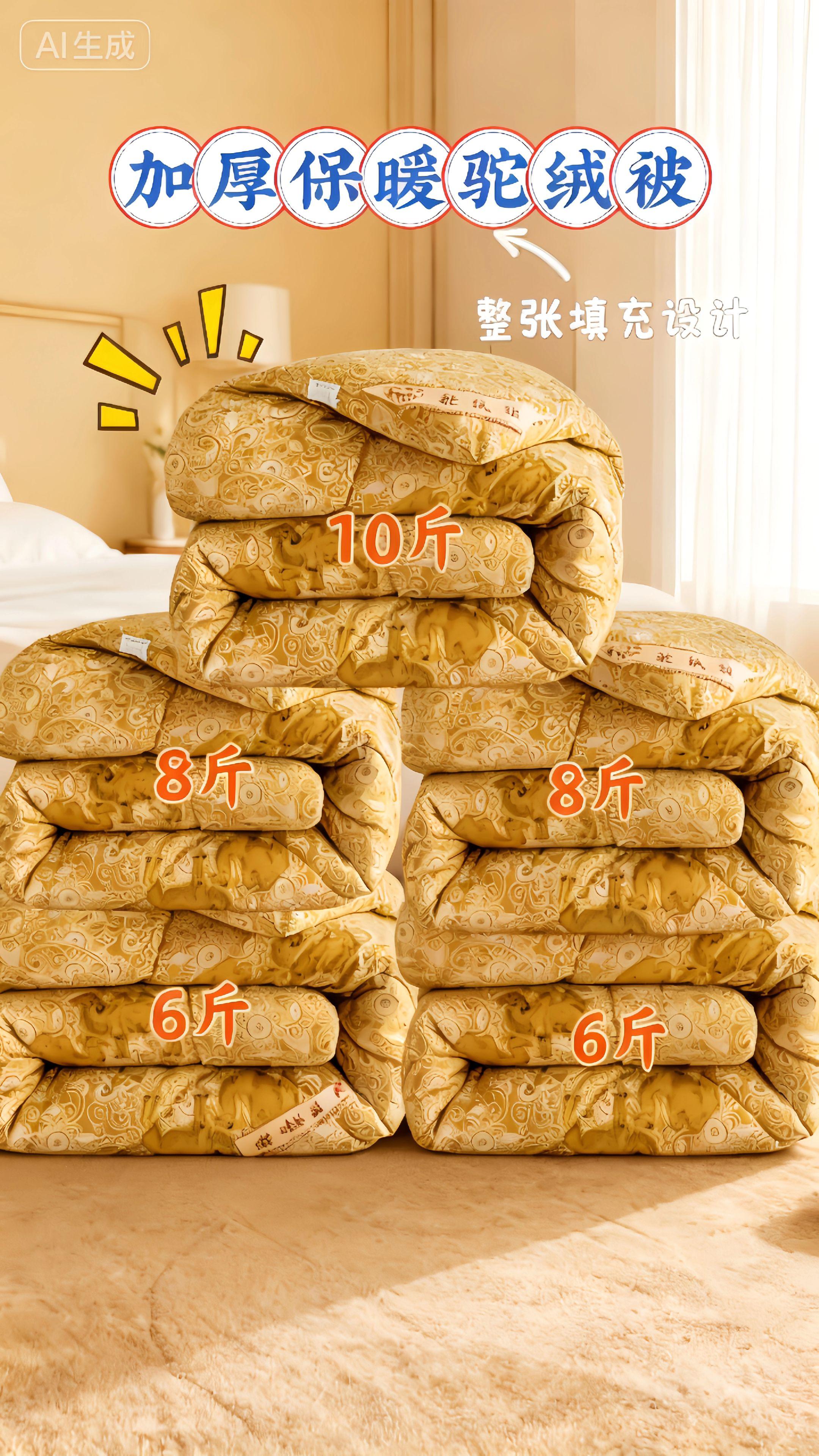 加绒加厚福利款驼绒被,冬日温暖必备——福利款驼绒被🎉 亲爱的朋友们👫,今天给大家带来一款超棒的被子——福利款驼绒被🧣! 这款被子的被芯填充了优质驼绒🐫,保暖效果一流👍。不管是严寒的冬季❄️,还是微凉的春秋🍂,它都能给你恰到好处的温暖。双人尺寸的设计,特别适合情侣💑或者和家人一起使用👨👩👧,学生朋友们在宿舍用也很合适哦😜,冬天再也不怕冷啦🥰。 它是加厚设计,但盖在身上轻柔舒适,仿佛被温暖的云朵☁️包围。品质超棒,做工精细,不会跑毛。 这个冬天,就让这床福利款驼绒被陪伴你度过每一个温暖的夜晚吧🌙!#驼绒被 #福利款 #好物推荐🔥 #这个冬天不怕冷 #家纺床上用品