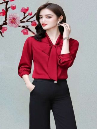 #创作灵感 ,飘带蝴蝶结緞面衬衫女长袖上衣洋气质春秋季新款职业时尚红色衬衣#每日分享 #与众不同 @抖加🔥上热门🔥dou+🔥热点宝
