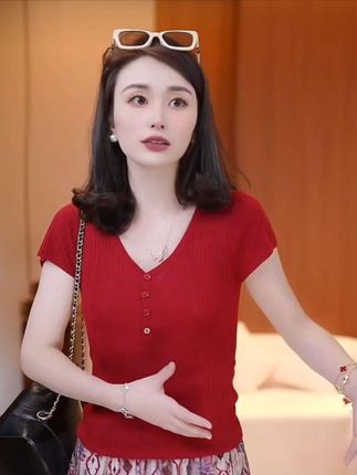 【玫瑰绮梦】夏季新款时尚气质法式V领显瘦针织衫XY253148#夏季穿搭 #气质女神穿搭 #优雅气质 #高级感穿搭 #强烈推荐