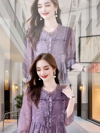 #上衣穿搭 #减龄气质 #服装时装爱美穿搭时尚潮流 #圆领印花雪纺衫女#圆领印花雪纺衫女夏季, 新款洋气时髦花边收腰显瘦遮肚短袖上衣