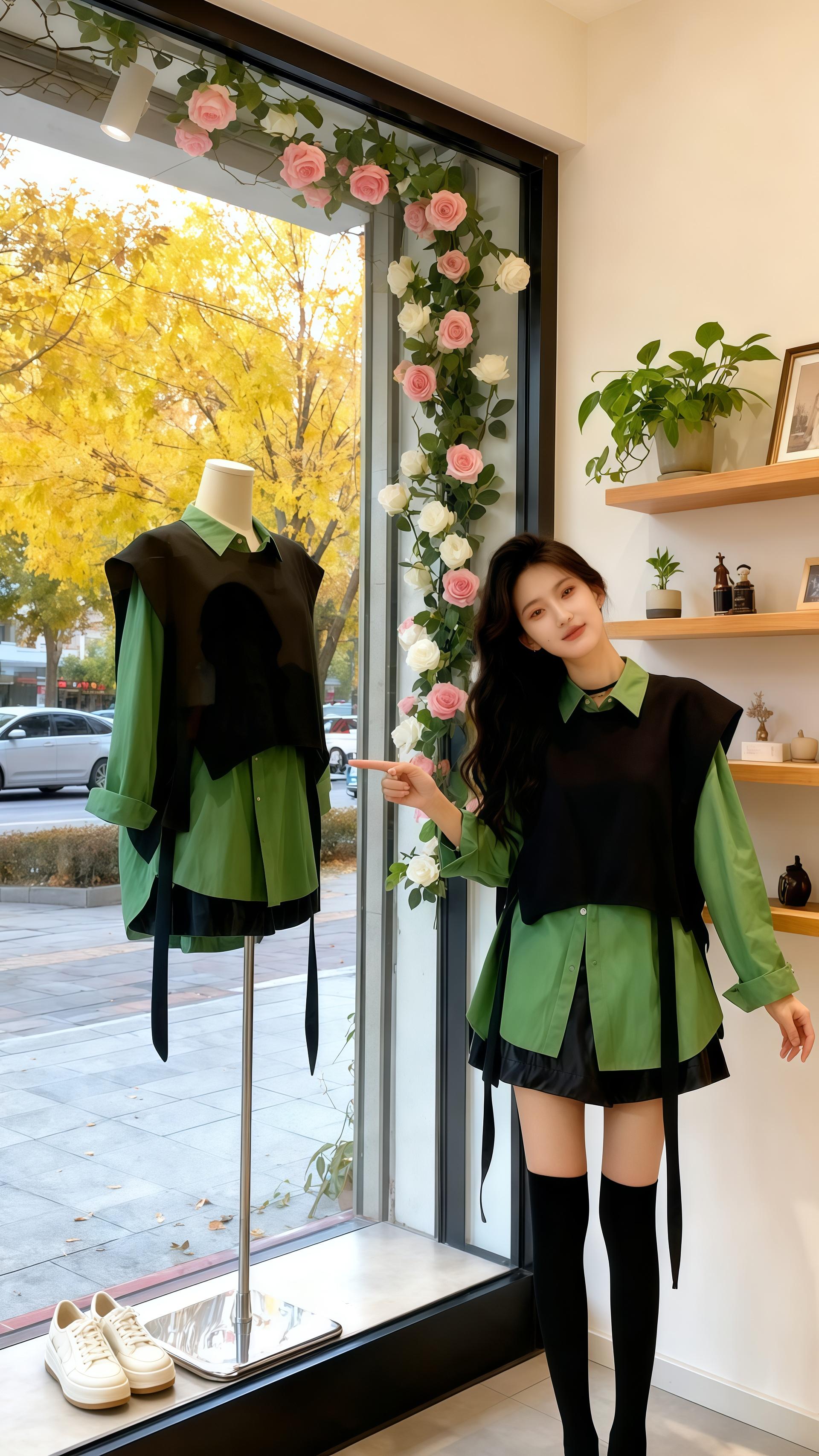 春秋叠穿天花板!这套让我在花店被要爆链接 周末帮闺蜜看花店,苏晴穿这套招财绿衬衣+不对称披肩刚站定,就被客人追问链接。衬衣裙的鲜活绿意衬得她面若桃花,披肩前短后长的设计勾勒出纤细腰线,整理花束时,针织的软与衬衣的挺括碰撞出慵懒高级感。 有熟客打趣:“你这套装比鲜花还吸睛!”春秋单穿怕单调、叠穿怕臃肿?这套自带层次感,通勤约会都适配,穿上就是氛围感本人,手慢无! 需要我帮你把这段文案改编成适合商品详情页的详细介绍版吗?可以更突出产品设计亮点和穿搭实用性。#时尚气质穿搭 #女神穿搭 #高级感穿搭 #时髦穿搭 #穿出高级感