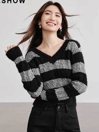 红袖秋季新款女装 条纹收腰正肩V领套头针织衫90124330107#爆款热卖中 #针织毛衣 #时尚减龄穿搭 #显高显瘦显气质 #谁穿谁漂亮