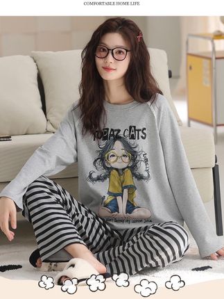 芬腾可安长袖睡衣女春秋季灰色T恤纯棉薄100全棉可爱条纹裤家居服#条纹控 #t恤穿搭 #t恤 #强烈推荐 #春秋穿搭 @创作灵感小助手 @DOU+小助手 @欢心新梅