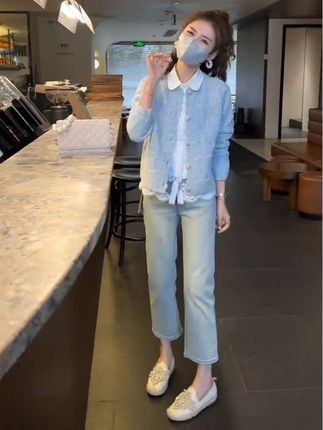 早春一整套女装2025新款韩版温柔毛衣蕾丝百搭开衫直筒长裤三件套