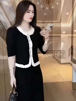 时尚长袖套装衣领白边拼接阔腿裤显瘦两件套#春季穿搭 #减龄穿搭 #早秋穿搭 #套装穿搭 #气质穿搭