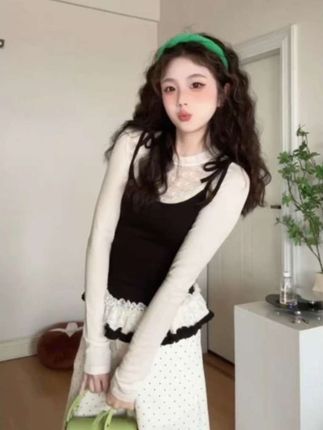韩系少女感蕾丝荷叶边显瘦假两件t恤上衣裤子套装22597##韩系穿搭 #秋季穿搭 #甜系女孩
