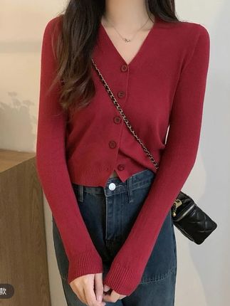 气质V领开衫针织衫女秋冬内搭修身打底毛衣薄款显瘦短款长袖上衣#V领针织衫#修身显瘦#短款上衣#百搭#秋冬新款