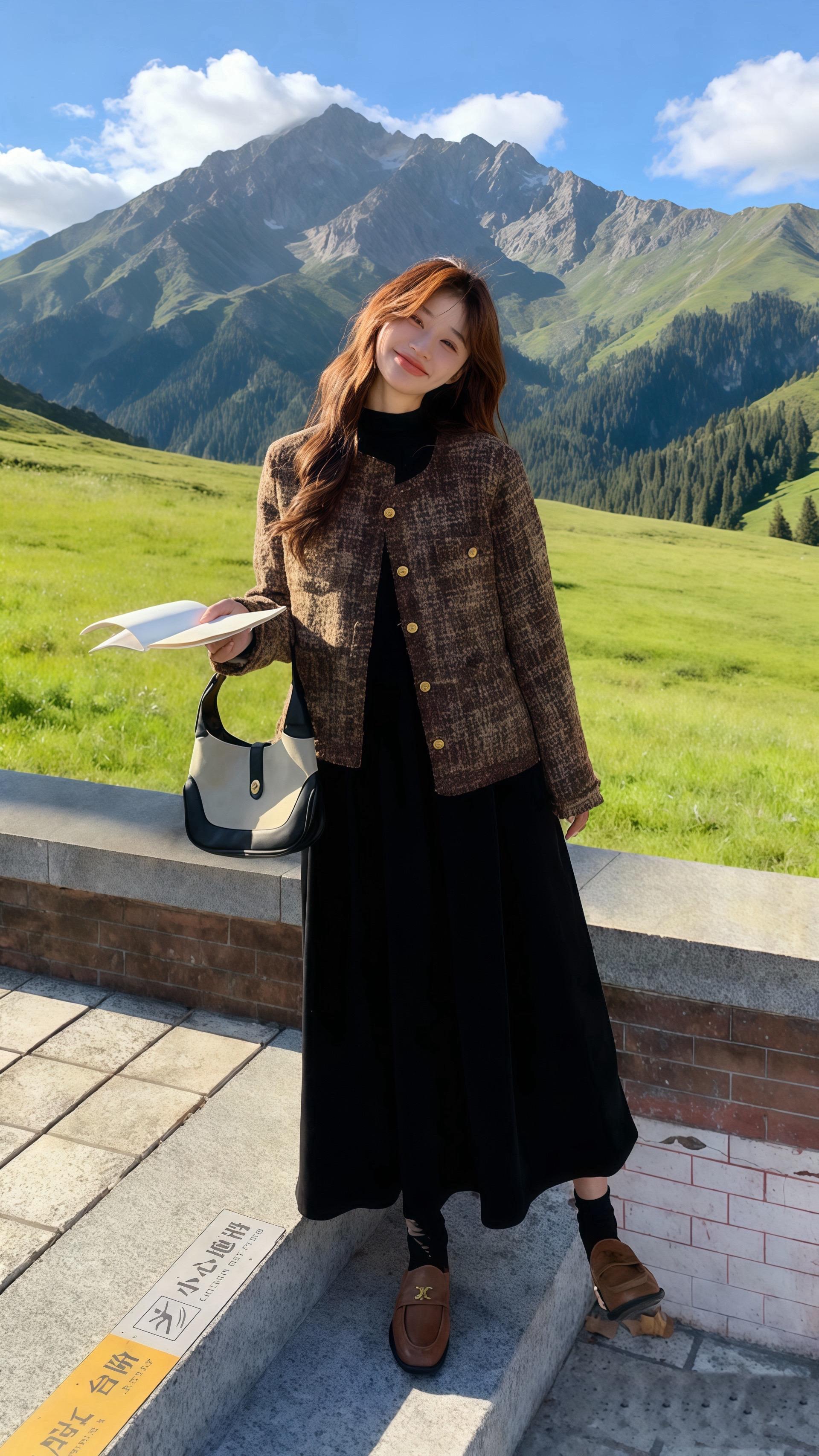 📸 秋日穿搭灵感|山野间的优雅公式 当山野的风拂过格纹外套,我找到了秋天的正确打开方式~今日OOTD以棕色粗花呢短款外套为主角,复古格纹自带法式滤镜,金色纽扣点亮细节;内搭选择黑色高领打底,打造极简温暖基底;下装搭配黑色伞裙,垂坠感面料与大裙摆设计让行走间自带优雅气场;鞋子则呼应外套选择棕色乐福鞋,学院风与复古感兼具。整体搭配通过材质碰撞(粗花呢颗粒感与伞裙垂坠感)、色彩逻辑(棕色系贯穿+黑色过渡)实现和谐高级感,短外套+长裙的组合既适合山野漫步,也能轻松切换都市通勤。站在这片治愈的绿色中,才发现秋天的穿搭可以如此温柔而有力量~ 🌿 #秋冬都市硬核穿搭 #今日穿搭 #出游穿搭 #小众穿搭 #气质范 @DOU+小助手 @DOU+上热门