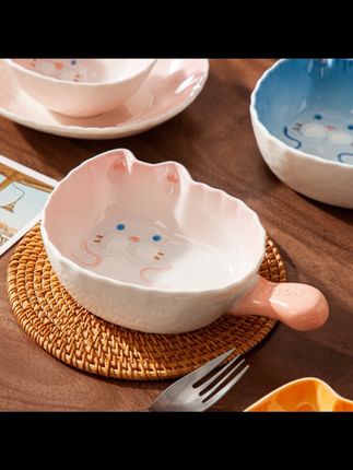 嘟嘟猫带手柄碗大号陶瓷烘焙芝士焗饭烤碗家用高颜值可爱釉下彩#陶瓷#高颜值#好东西一起分享