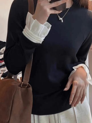 Nalian/拿恋豆子优选-欧货喇叭袖修身上衣长袖T恤打底衫女DZ98910#内搭外穿都好看 #好身材好气质 #这也太好看了 #显瘦穿搭 #喇叭袖打底衫