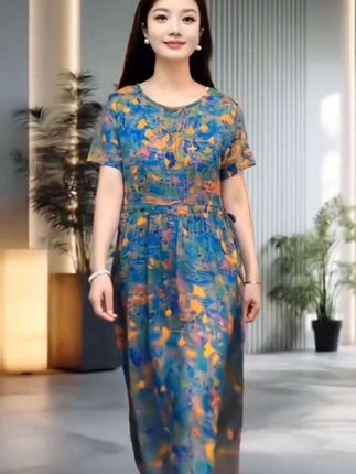 田姐好物推荐在橱窗等你来,气质印花杏叶宽松柔软舒服妈妈装连衣裙。