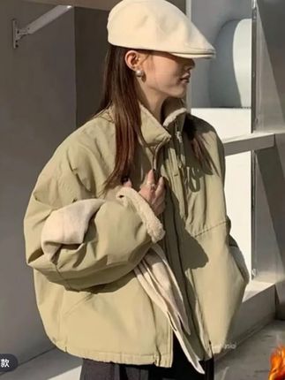短款2025仿羊羔毛双拉链派克服女小个子韩版休闲宽松棉服外套#女装 #外套穿搭