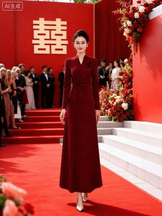 #早秋高智感职场穿搭 “2025秋款婚宴礼服上新啦!这款酒红色连衣裙高级感拉满~优雅V领+精致胸花设计,长袖尽显温婉气质,版型超显瘦。不管是婚宴宾客穿搭,还是重要场合亮相,都能让你优雅出圈,妥妥的气质担当,秋季选它准没错!”#婚庆礼服#婚礼妈妈礼服#婚宴妈妈装#喜婆婆喜妈妈#礼服裙