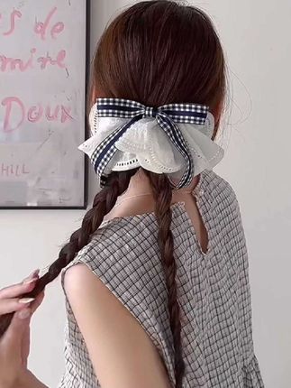 韩系文艺格子蝴蝶结蕾丝裙摆发夹女高级感温柔夹子头饰后脑勺发卡#头饰搭配 #网红发饰 #头饰发饰