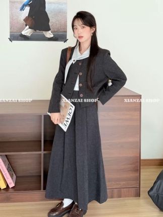 XIANZAI【留洋大小姐】秋冬反季雅丹小香风西装外套半身裙两件套装#穿出高级感 #今日穿搭 #高级感穿搭 #学院风穿搭 #辣妹穿搭