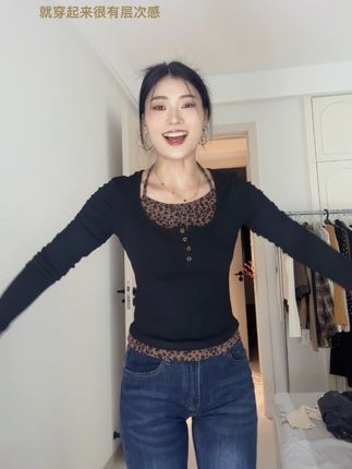 穿腻了基础的T建议去试试这个豹纹假两件小众设计感豹纹挂脖假两件小上衣,单穿叠穿都好看,自带腰线设计特别显瘦#假两件#千禧感 #豹纹穿搭 #ootd穿搭