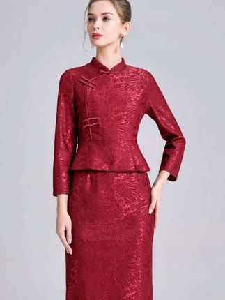 喜婆婆喜妈妈婚宴礼服国风荷叶边旗袍婚庆假两件连衣裙高档民族风 喜婆婆喜妈妈婚宴礼服国风荷叶边旗袍婚庆假两件连衣裙高档民族风