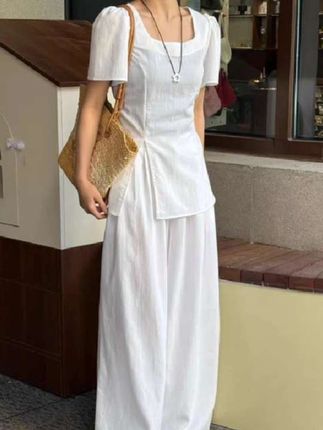 2025夏季新款法式方领前侧开叉上衣加高腰半松紧阔腿裤套装#优雅气质 #套装#气质仙女裙穿搭