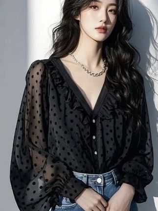 9737高级感独特上衣黑色波点荷叶边雪纺衬衫女2025春秋新款洋气#衬衫 #雪纺衫 #波点衬衫 #洋气减龄 #显瘦遮肉