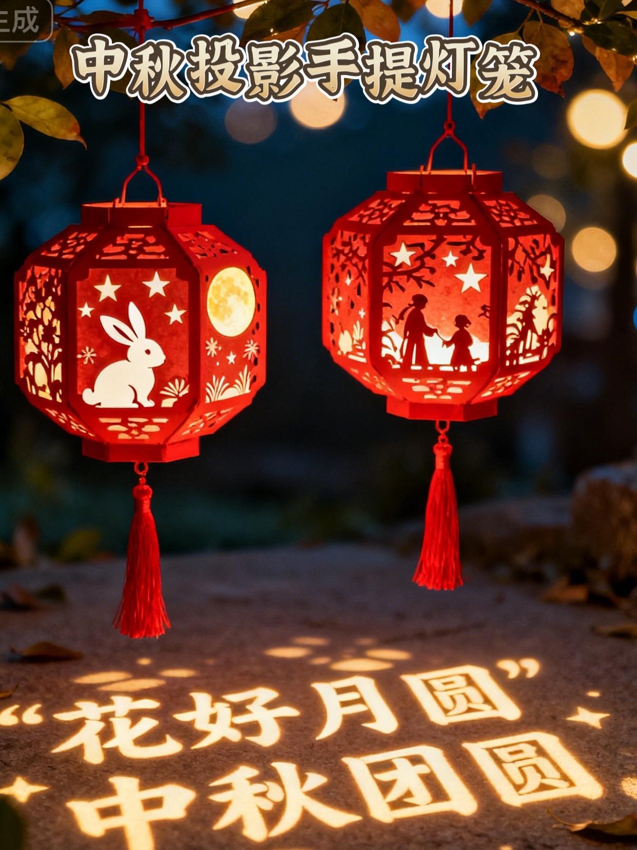 中秋投影手提灯笼:点亮团圆夜 中秋夜提一盏投影灯笼,暖光透过雕花笼身,将玉兔捣药、桂树婆娑的图案映在墙面与地面,步步生景。 手柄温润称手,孩子提着追光嬉笑,长辈驻足看光影流转,灯笼微光与月色相融。 无需复杂装饰,这盏灯笼便承载了中秋的浪漫与温馨,让团圆时刻多了份可触可感的诗意,成为记忆里最亮的中秋印记。#花灯 #灯笼#中秋节手工灯笼 #中秋