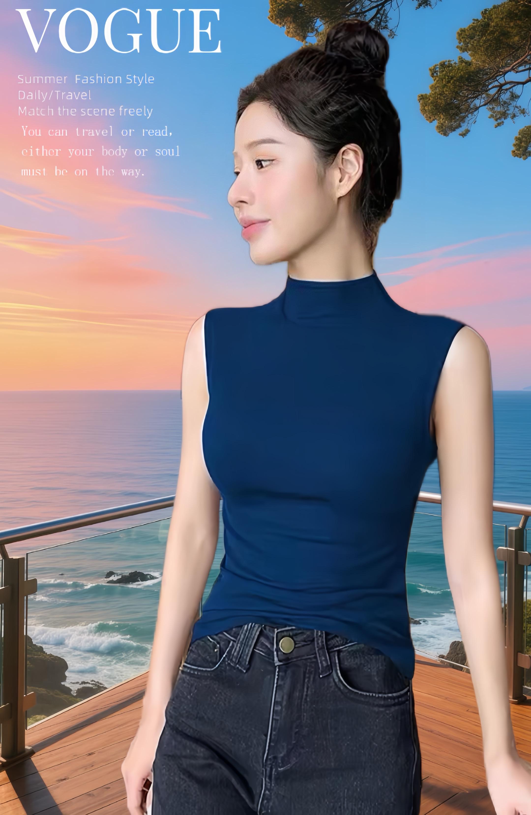 2025女夏半高领针织背心:蓝色无袖紧身款,外穿亮眼内搭服帖,显身材又好搭#抖音大爱正能量平台 #背心 #短袖 #内搭 #针织衫
