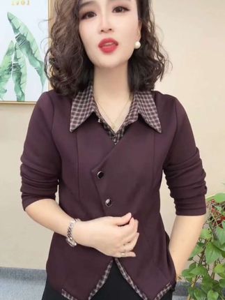 2025秋季新款休闲风气质时尚衬衫减龄假两件拼接长袖上衣#妈妈装🈶运费险放心购买