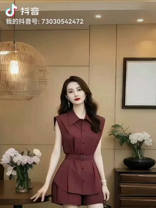 #男士神仙单品 【两件套】【送腰带】小个子洋气漂亮时尚减龄小香风酒红色套装D1618#小个子洋气套装 #时尚减龄套装 #短袖短裤套装 #穿出自己的风格