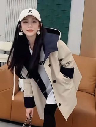 撞色拼接风衣女中长款2025秋季新款工装韩版设计感休闲洋气外套女#风衣#风衣穿搭