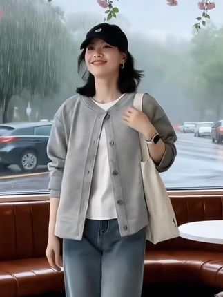 #棒球服外套 #圆领开衫卫衣#时尚休闲#宽松显瘦 #长袖卫衣穿搭