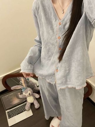 韩版温柔甜美简约高级感纯色睡衣女春秋新款长裤家居服套装可外穿#高级感 #甜美风 #简约纯色 #睡衣女 #家居服套装