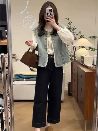 秋季一整套韩系穿搭百搭时尚牛仔马甲气质衬衫显瘦牛仔裤三件套装
