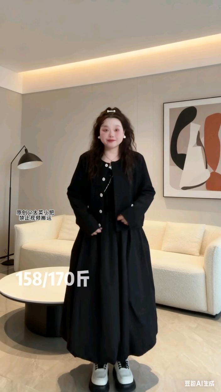 #唯美姿态秀 大码法式学院风假两件拼接长袖黑色连衣裙长裙99609#短裙99611#
