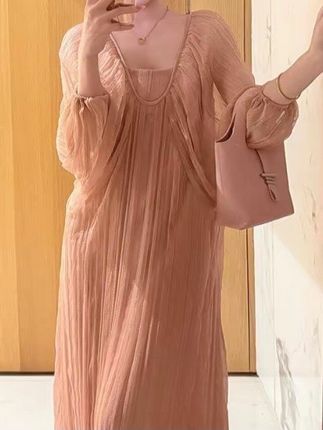 法式温柔风橘色雪纺连衣裙女2025秋季新款独特漂亮巨好看宽松裙子#高级感穿搭 #穿搭 #气质穿搭 #ootd穿搭 #女大学生