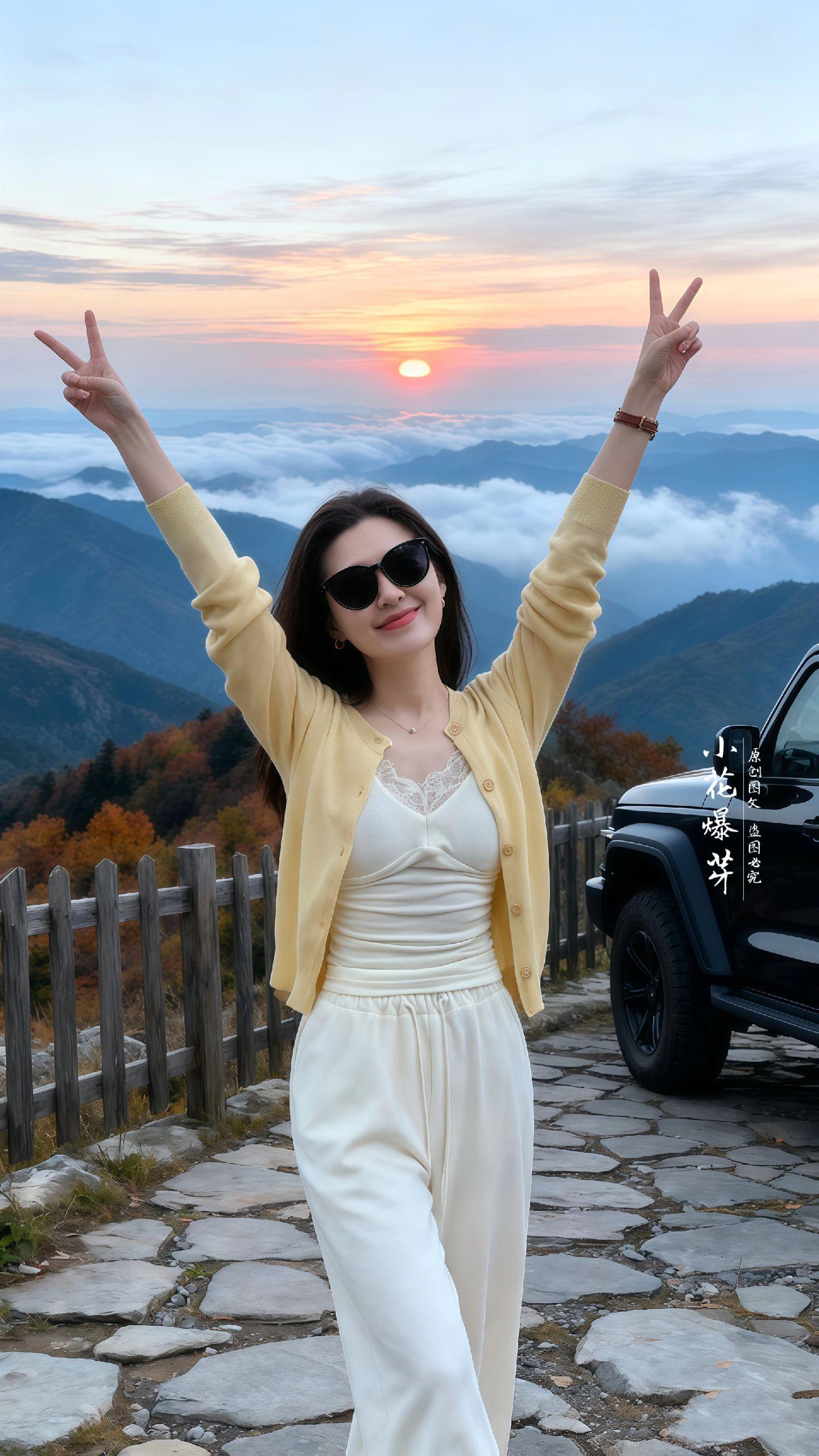 云海之畔,秋光与温柔的她~她身着鹅黄色针织开衫,内搭蕾丝点缀的米白色吊带,配同色系阔腿裤,于云海山峦间似精灵。秋日黎明,她驱越野车至山顶。她张开双臂,任风拂过发梢。那抹鹅黄在暖色调的晨光里,温柔得像一首诗。她倚着木栏,看秋林尽染,听风过山谷,每一次回眸,都与这绝美的天地撞个满怀。在云海之巅,她把自己活成了风景,衣袂轻扬处,是独属于她的,与自然共生的浪漫时光。 #秋冬韩系氛围感穿搭公式 #秋冬穿搭新鲜感在线 #普通人韩女感速成穿搭 #休闲减龄穿搭 #秋季不露腿穿搭